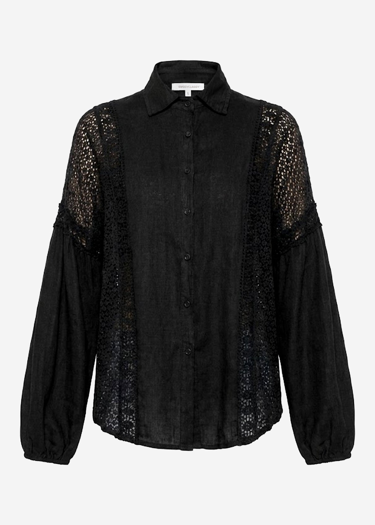 Leinen Bluse mit Spitze - schwarz