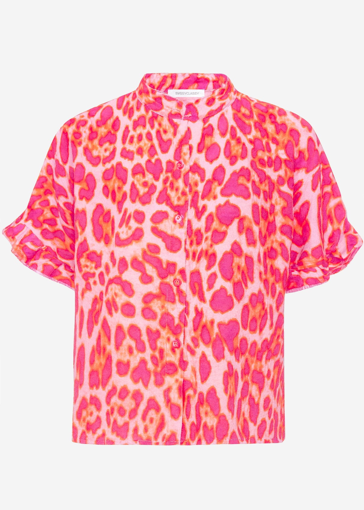 Musselin Bluse in Leo-Print mit Rüschensaum - pink