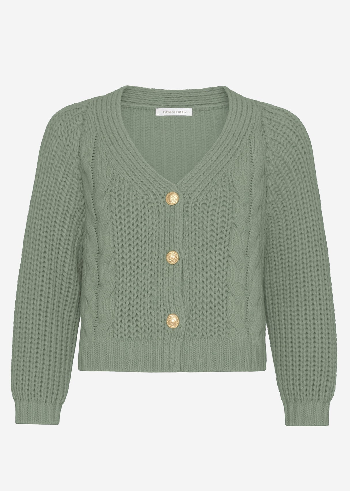 Zopfstrick-Cardigan mit Knopfleiste - salbeigrün