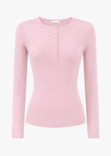 Geripptes Langarmshirt mit Knopfleiste - rosa
