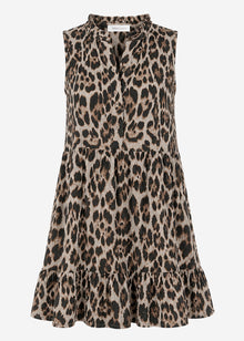 Sleeveless muslin dress with flounces and leopard print - grey