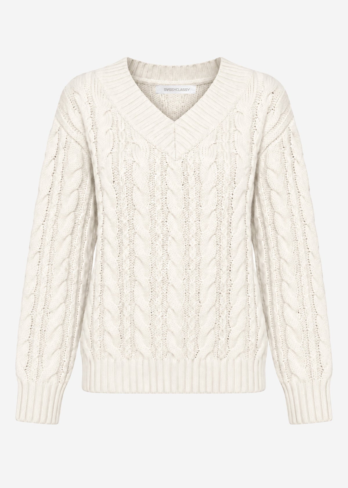 Cable knit jumper with V-neck - off-white