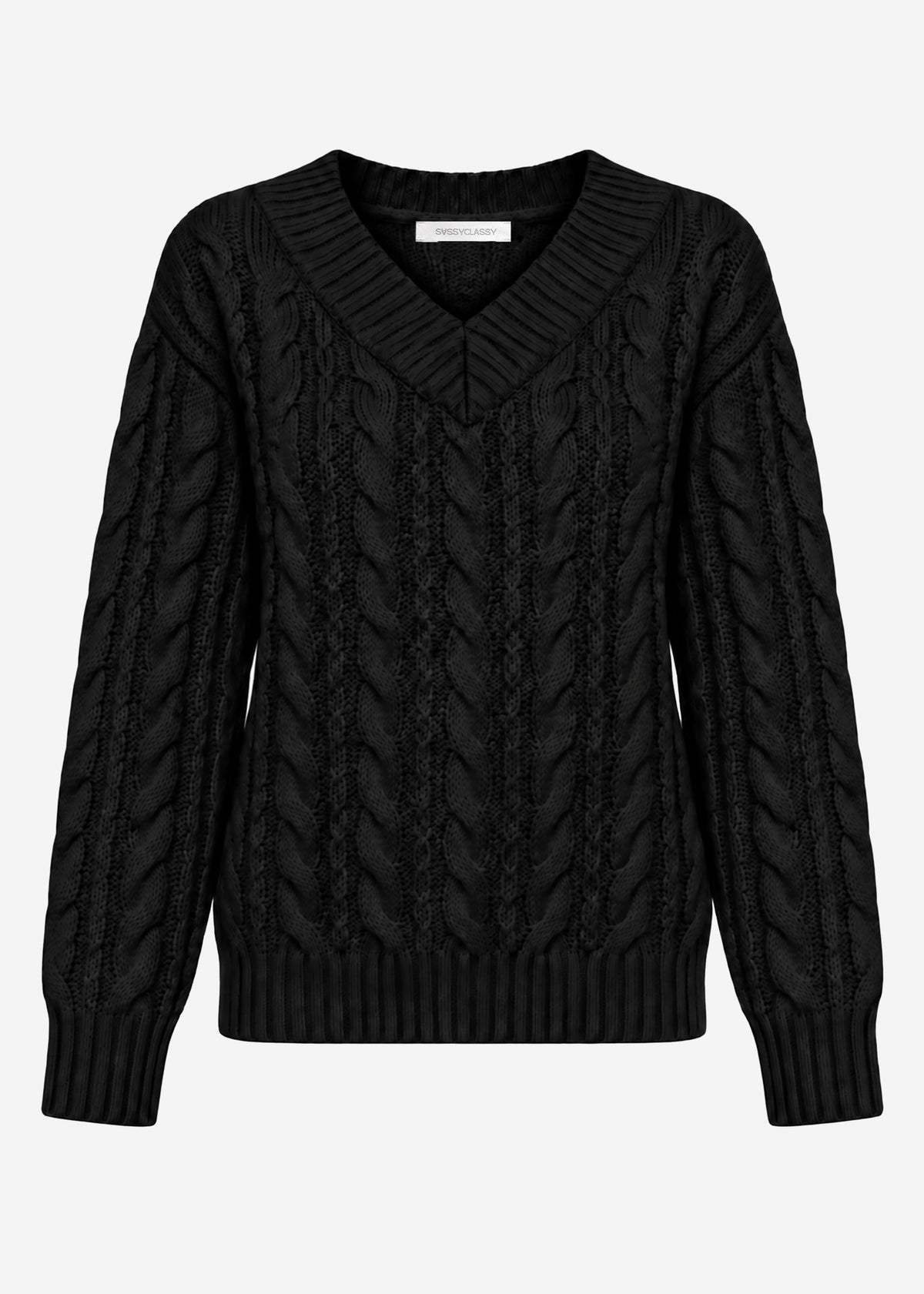 Cable knit jumper with V-neck - black