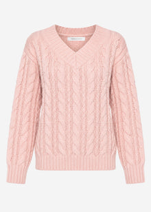 Zopfstrickpullover mit V-Ausschnitt - rosa