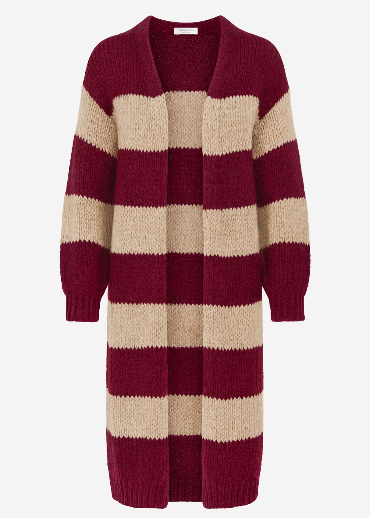 Extra long cardigan with block stripes - burgundy