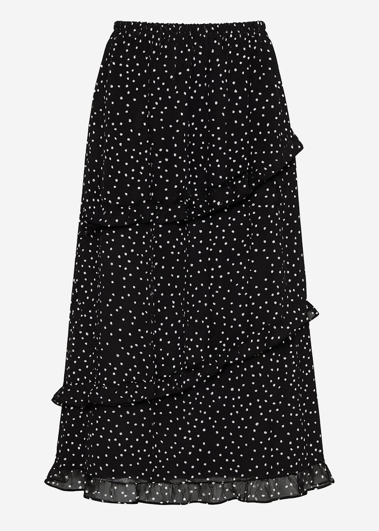 Polka dot long skirt with ruffles - black