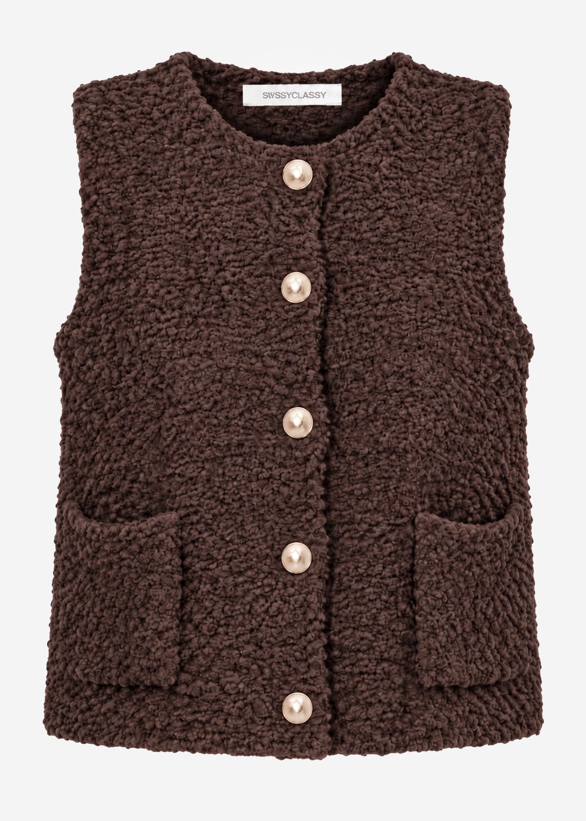 Bouclé-Weste mit Taschen - braun
