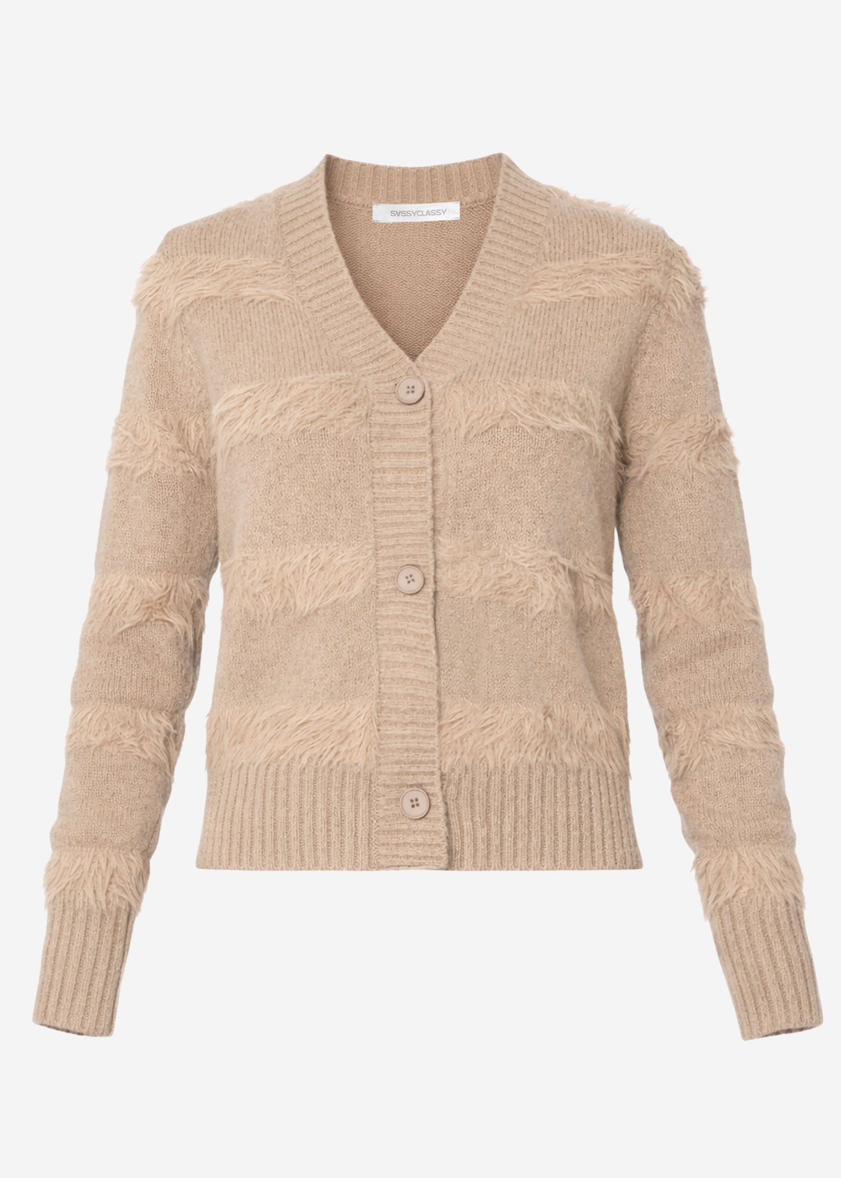Strickjacke mit flauschigen Streifen - taupe