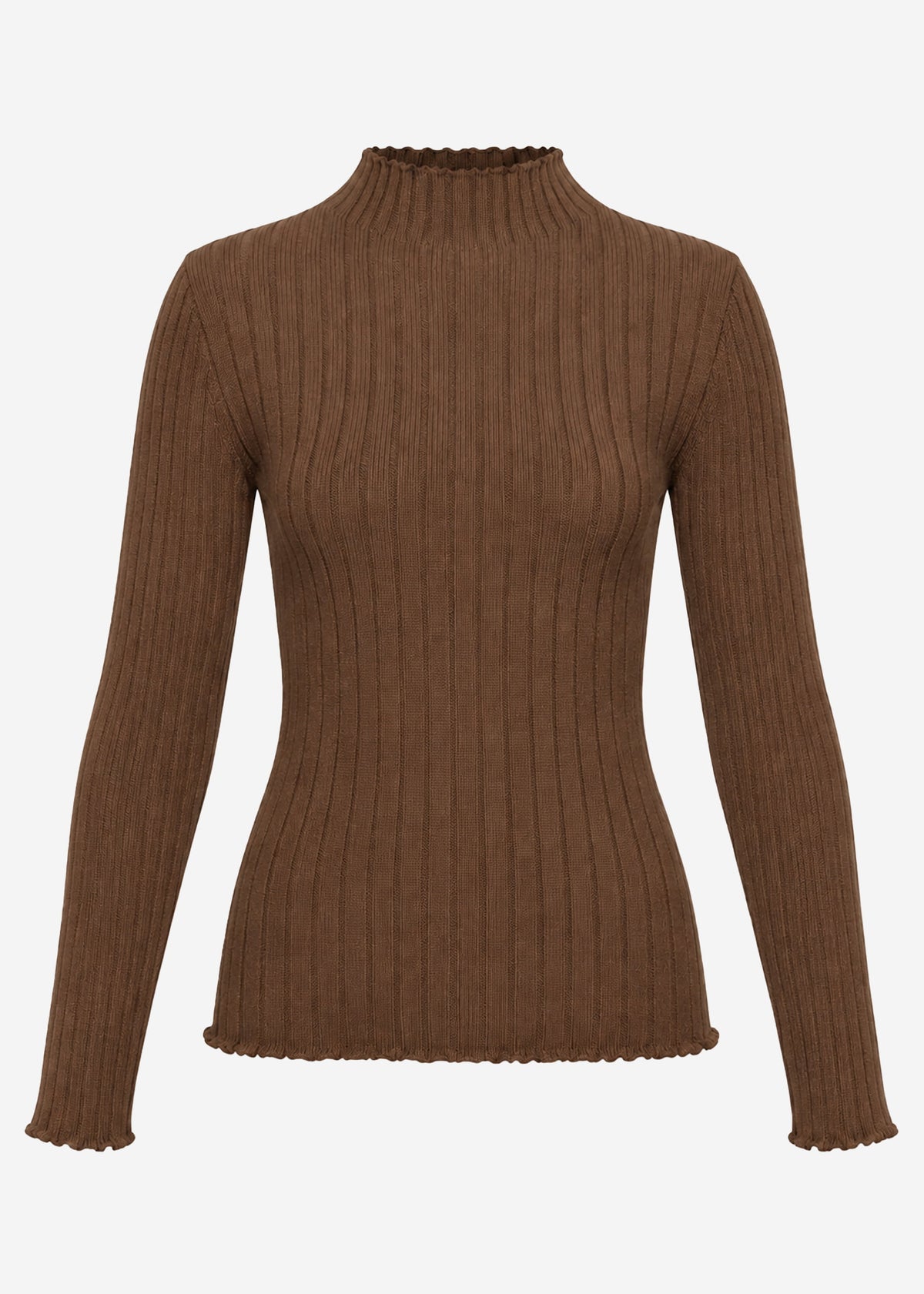 Ribbed knit top with funnel neck - brown