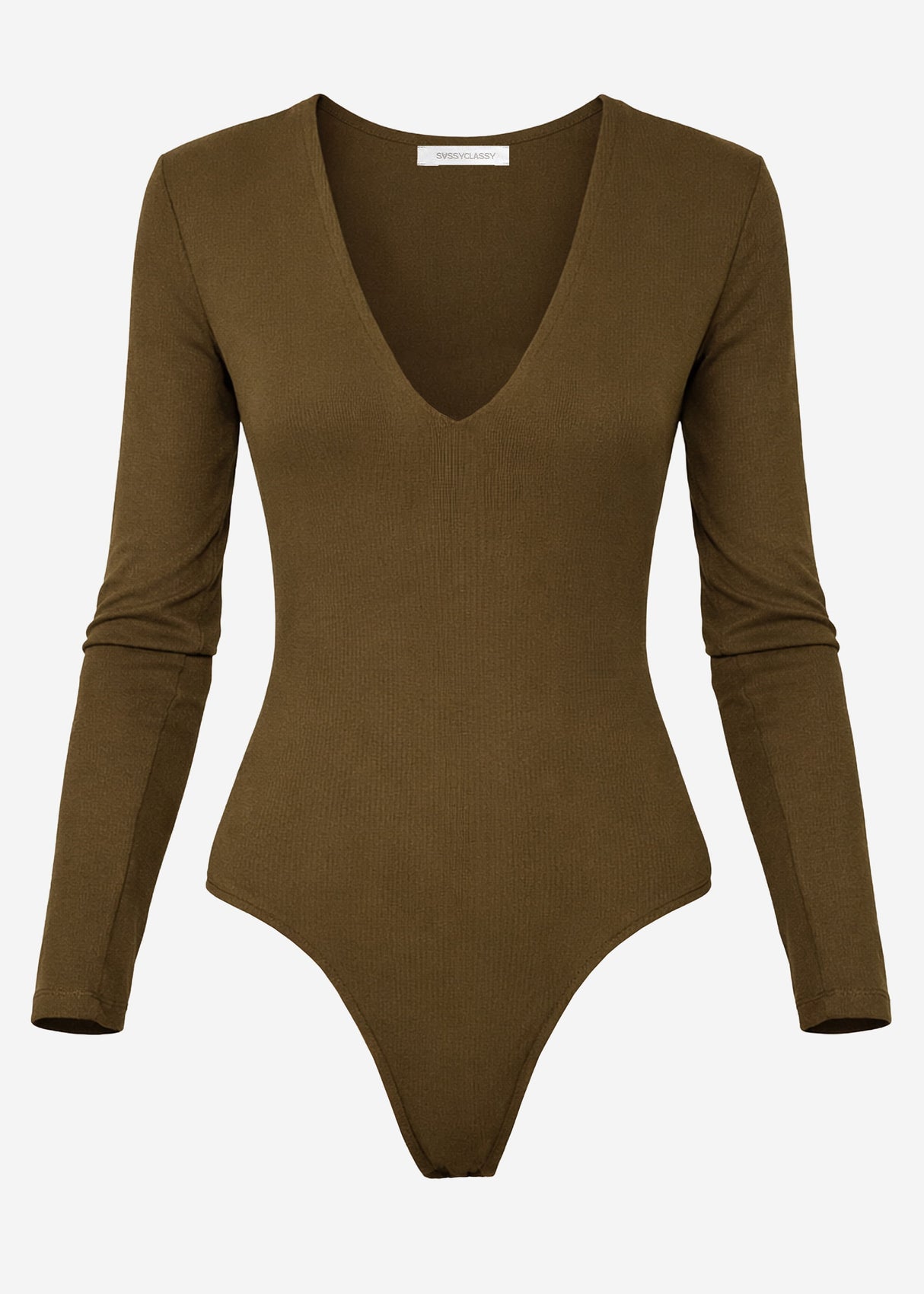 Long-sleeved bodysuit with V-neck - khaki