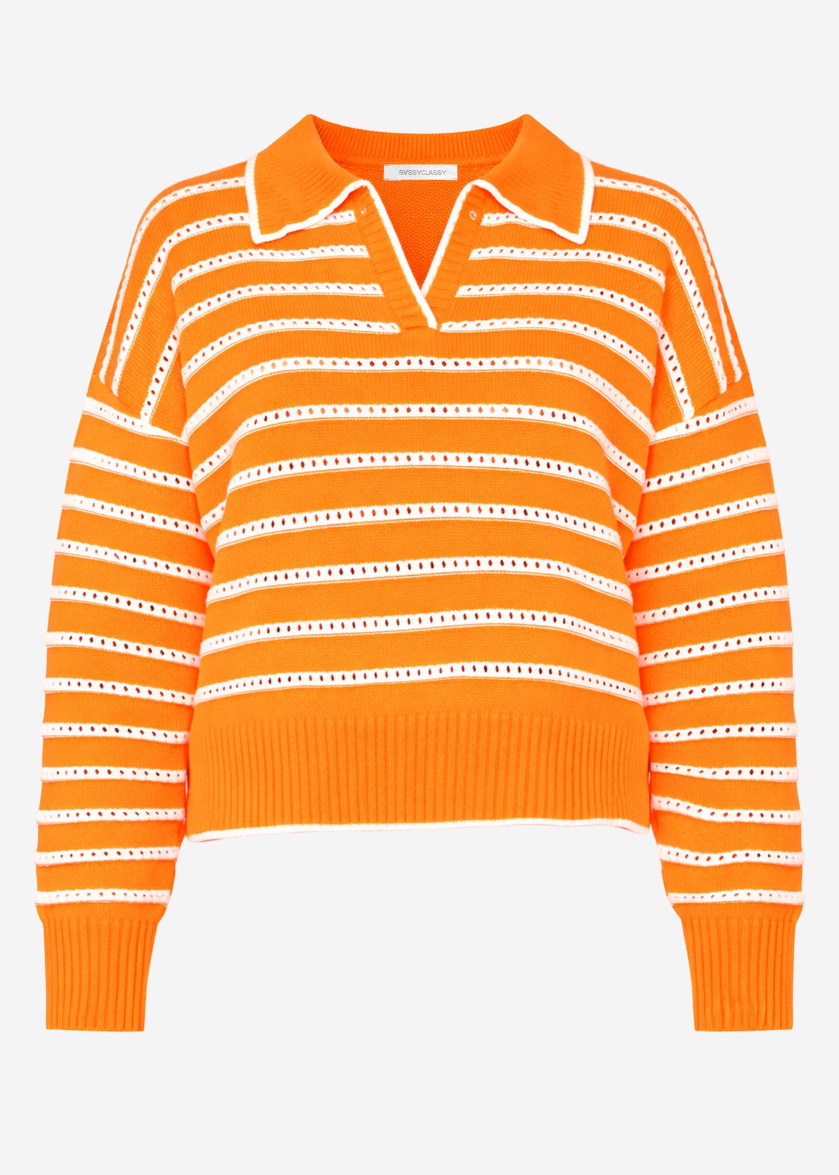 Fine knit sweater with polo collar and openwork stripes - orange
