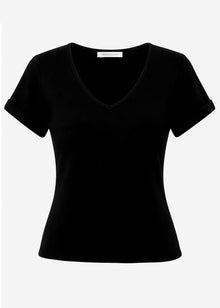 Ribbed T-shirt with V-neck - black