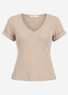 Ribbed T-shirt with V-neck - taupe