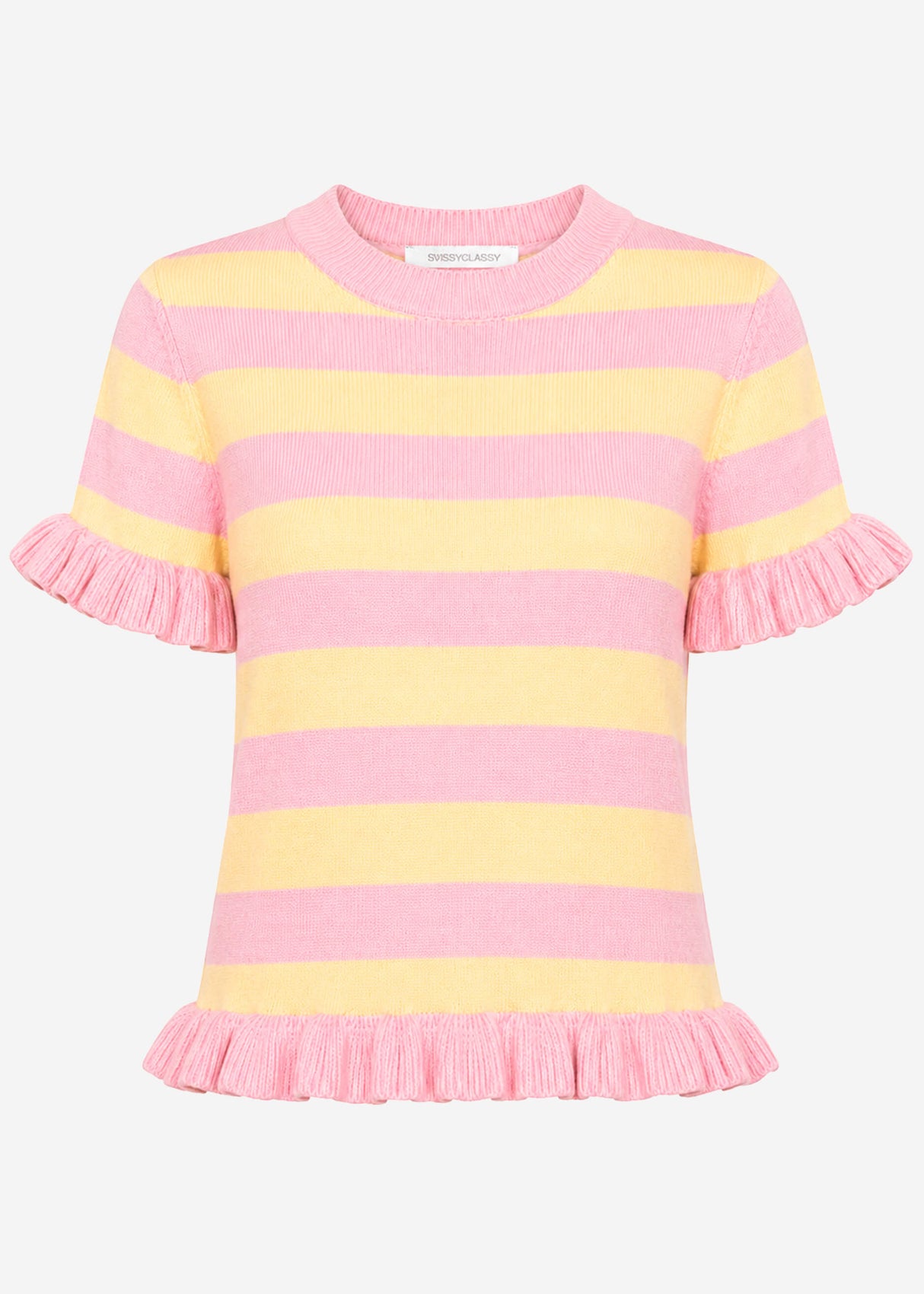 Gestreifter Kurzarm-Shirt mit Volants - rosa-buttergelb