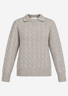 Strickpullover mit Zopfmuster und Kragen - taupe