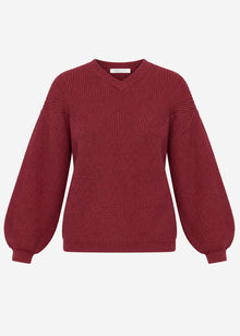 Rippstrickpullover mit hohem V-Ausschnitt - burgundy