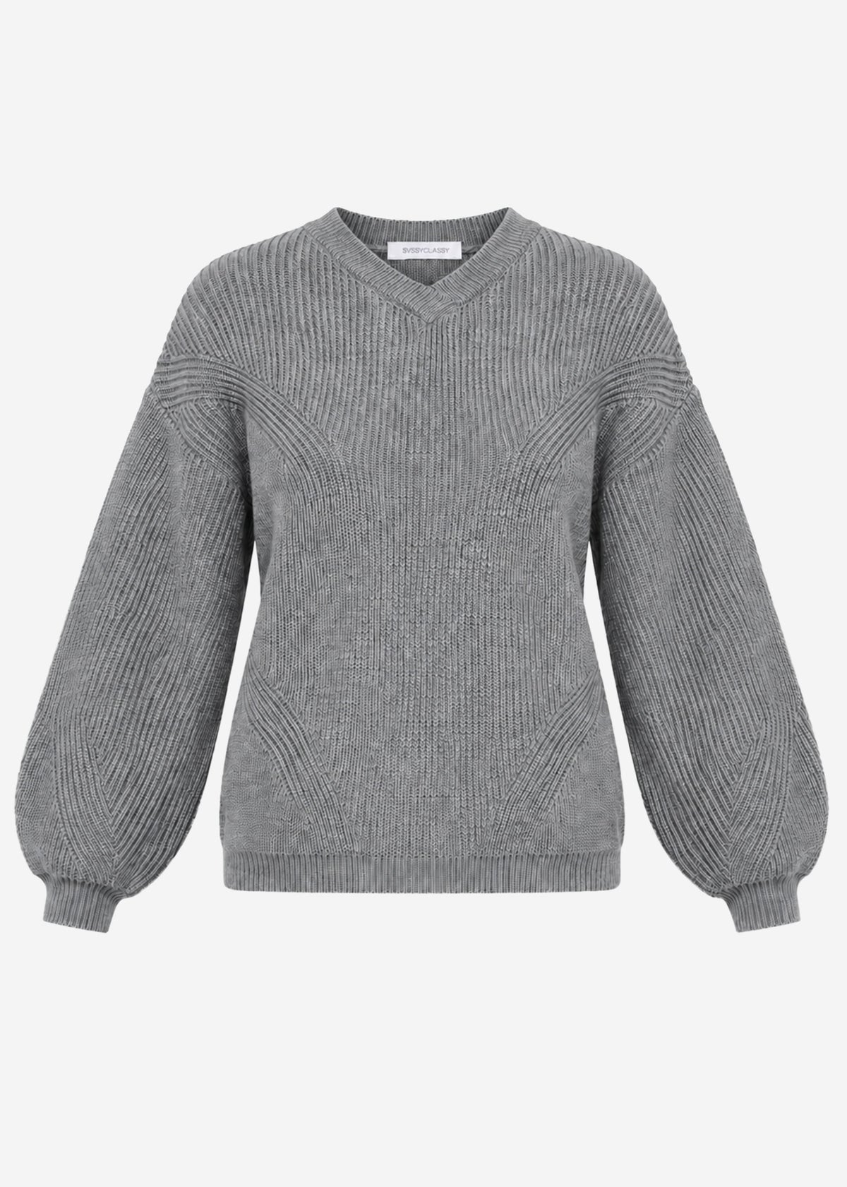 Ribbed knit jumper with a high V-neck - grey