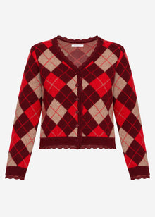 Strickjacke mit Rautenmuster und Spitzenborte - burgundy
