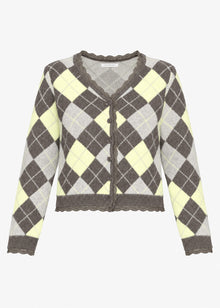 Strickjacke mit Rautenmuster und Spitzenborte - grau