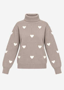 Roll neck jumper with heart pattern - taupe