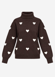 Roll neck jumper with heart pattern - brown