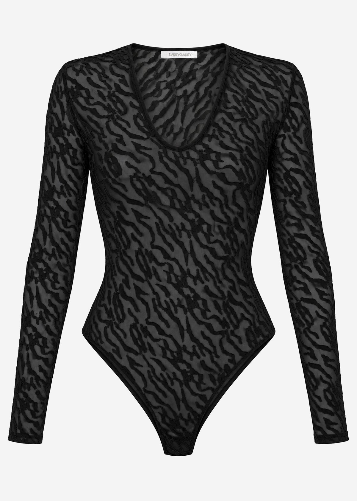 Long-sleeved bodysuit with textured pattern - black