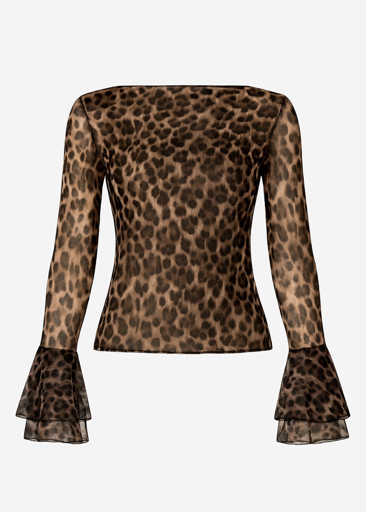 Mesh Langarmshirt mit Leo-Print und Volantärmeln - braun