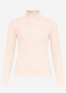 Geripptes Langarmshirt mit Stehkragen - beige