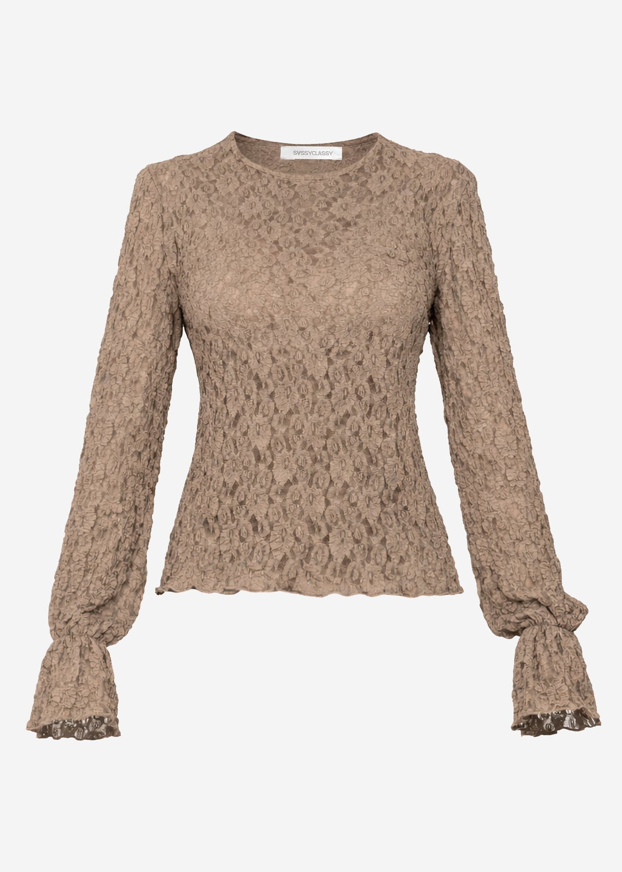 Long-sleeved lace top with flounced sleeves - taupe