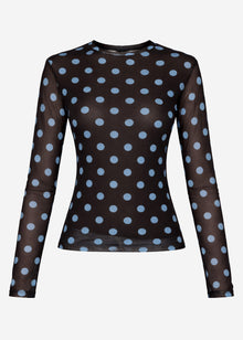 Mesh long-sleeved top with large polka dots - brown-blue