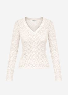Long-sleeved lace top with V-neck - off-white