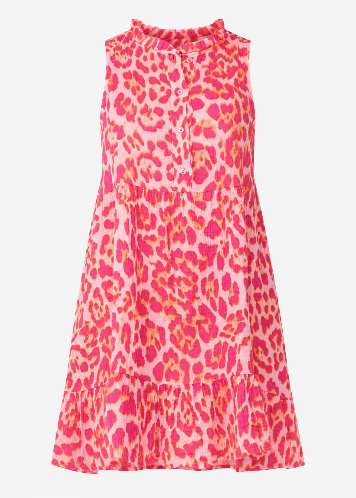 Ärmelloses Musselin Kleid mit Volants und Leo-Print - pink