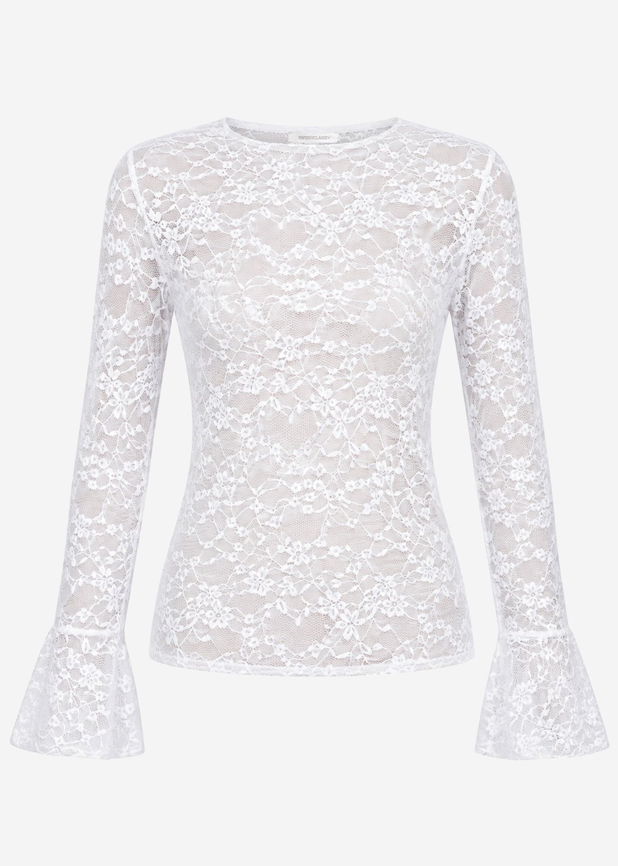 Langarmshirt aus Spitze mit Volantärmel - weiß