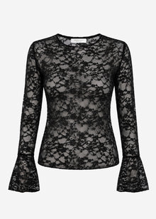 Langarmshirt aus Spitze mit Volantärmel - schwarz