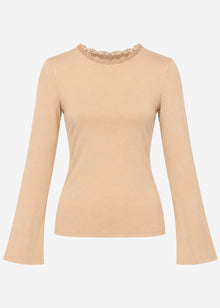 Long-sleeved top with lace insert - beige