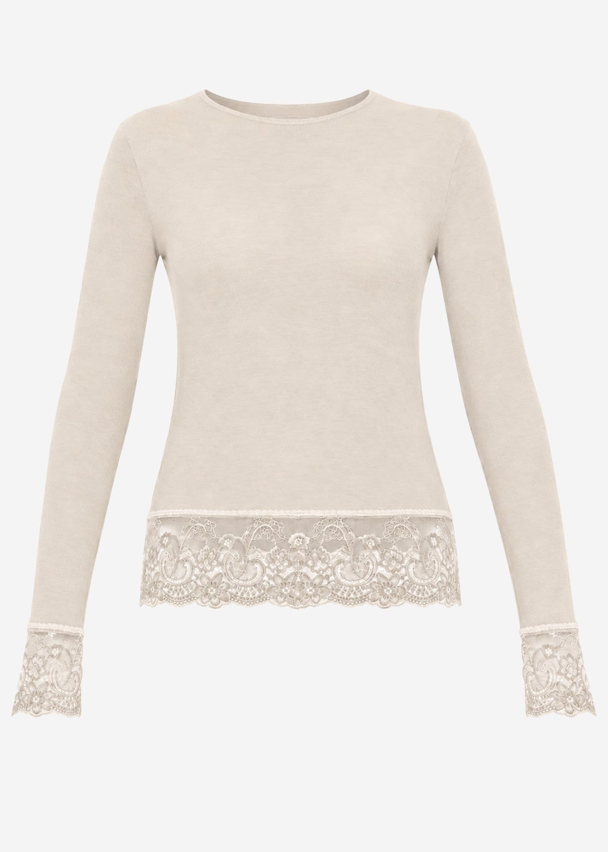 Long-sleeved top with lace trim and cashmere content - beige