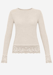 Langarmshirt mit Spitzenborte und Kaschmiranteil - beige