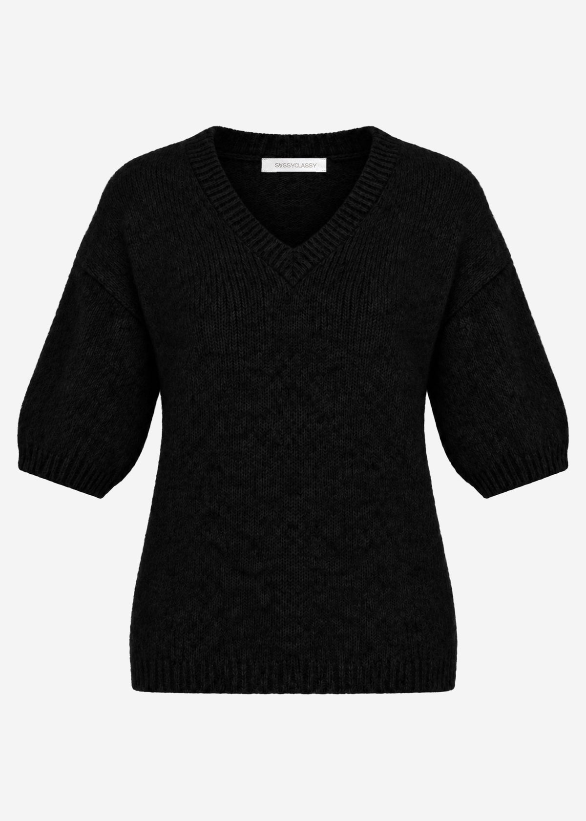 Short-sleeved knit jumper with V-neck - black