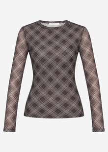 Mesh Langarmshirt mit kariertem Muster - schwarz