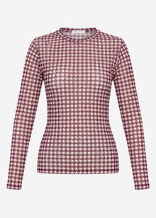 Mesh Langarmshirt mit Hahnentrittmuster - burgundy