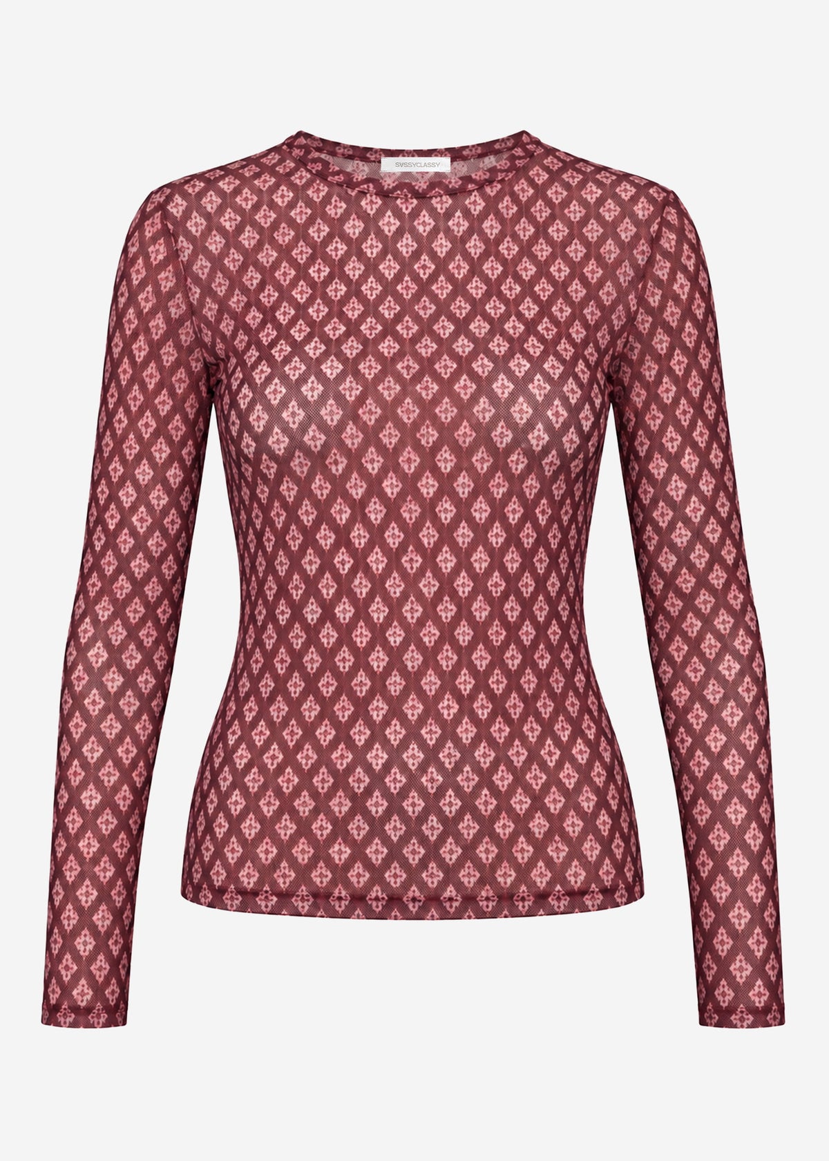 Mesh long-sleeve top with geometric pattern - burgundy
