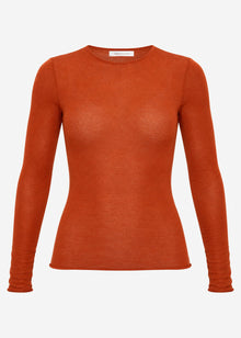 Semi-sheer long-sleeved top with crew neck - rust red