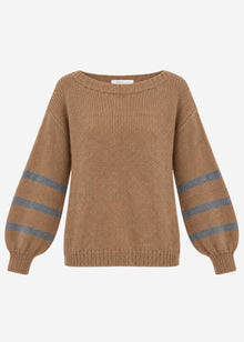 Kurzer Strickpullover mit gestreiften Ärmeln - camel