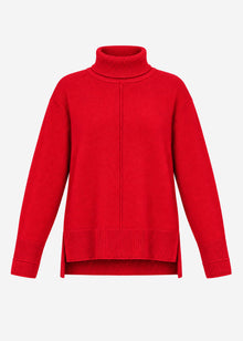 Roll neck jumper with decorative stitching - red