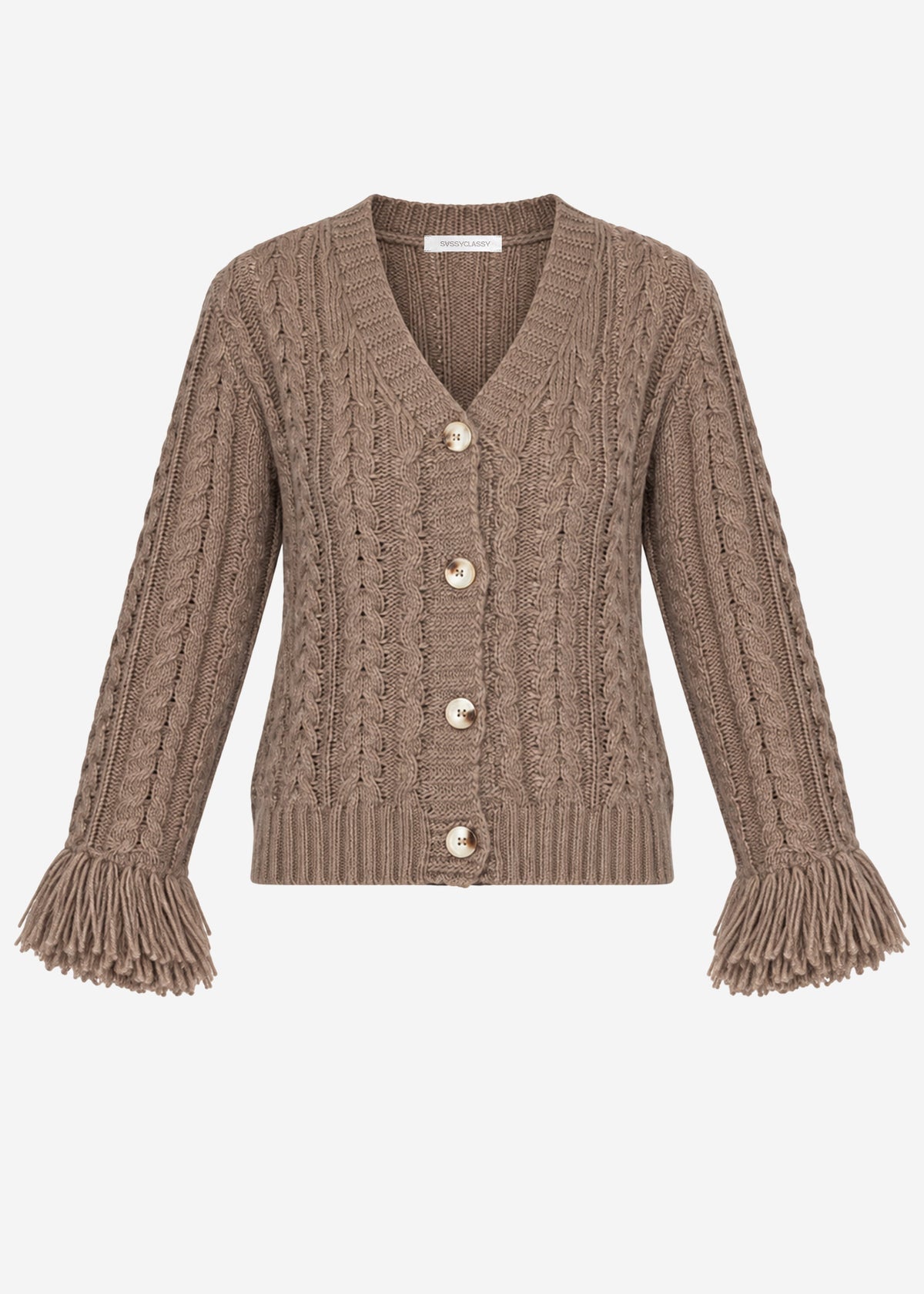Cable knit cardigan with fringed cuffs - taupe