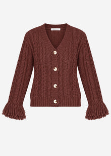 Cable knit cardigan with fringed cuffs - brown