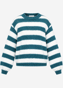 Gestreifter Grobstrickpullover - petrol-offwhite