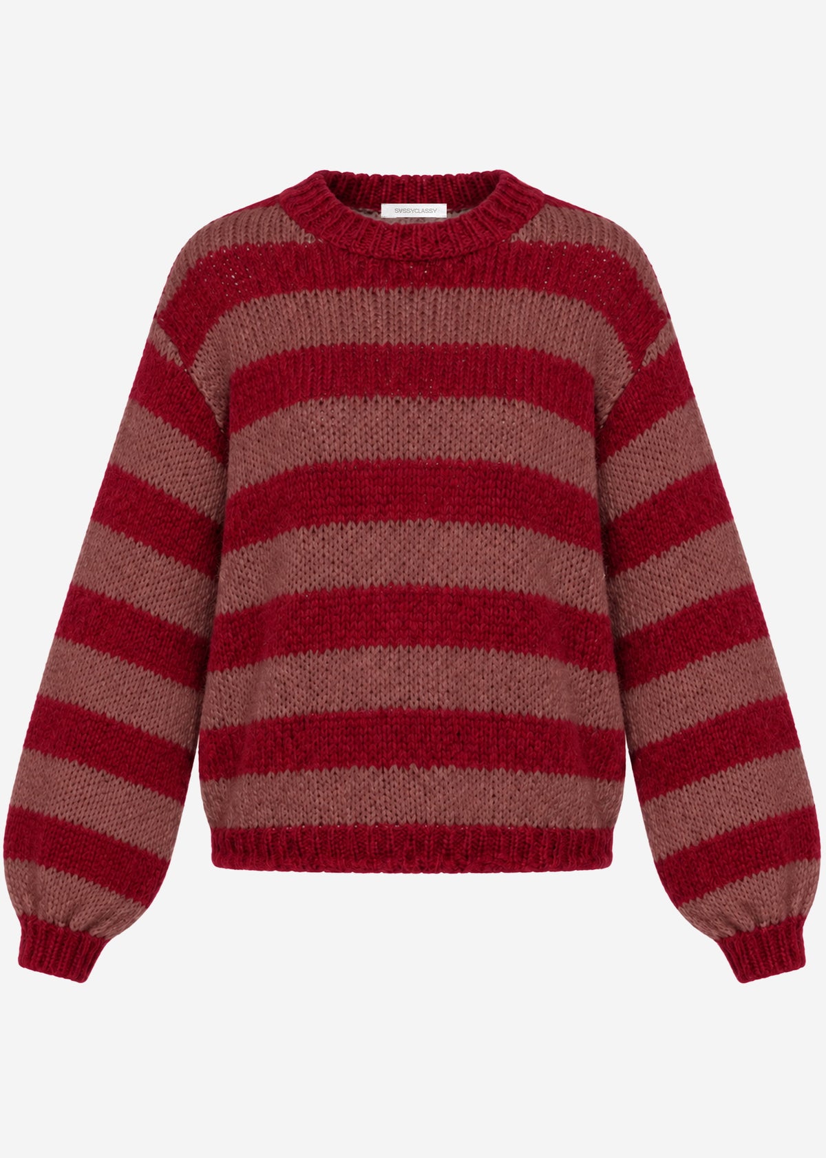 Gestreifter Grobstrickpullover - mauve-rot