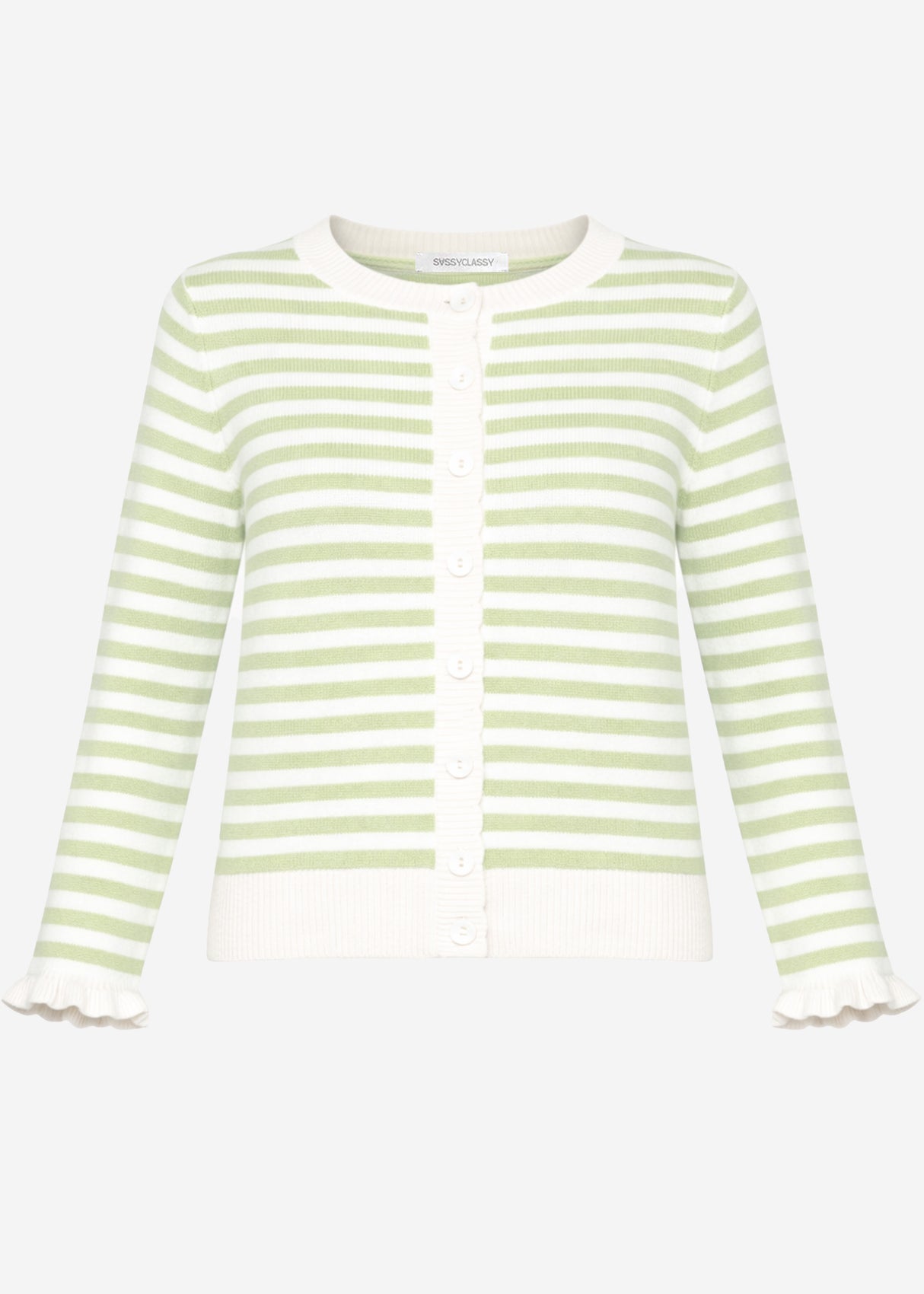 Gestreifte Strickjacke mit Volants - grün