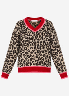 V-Ausschnitt Strickpullover mit Leopardenmuster - rot-pink
